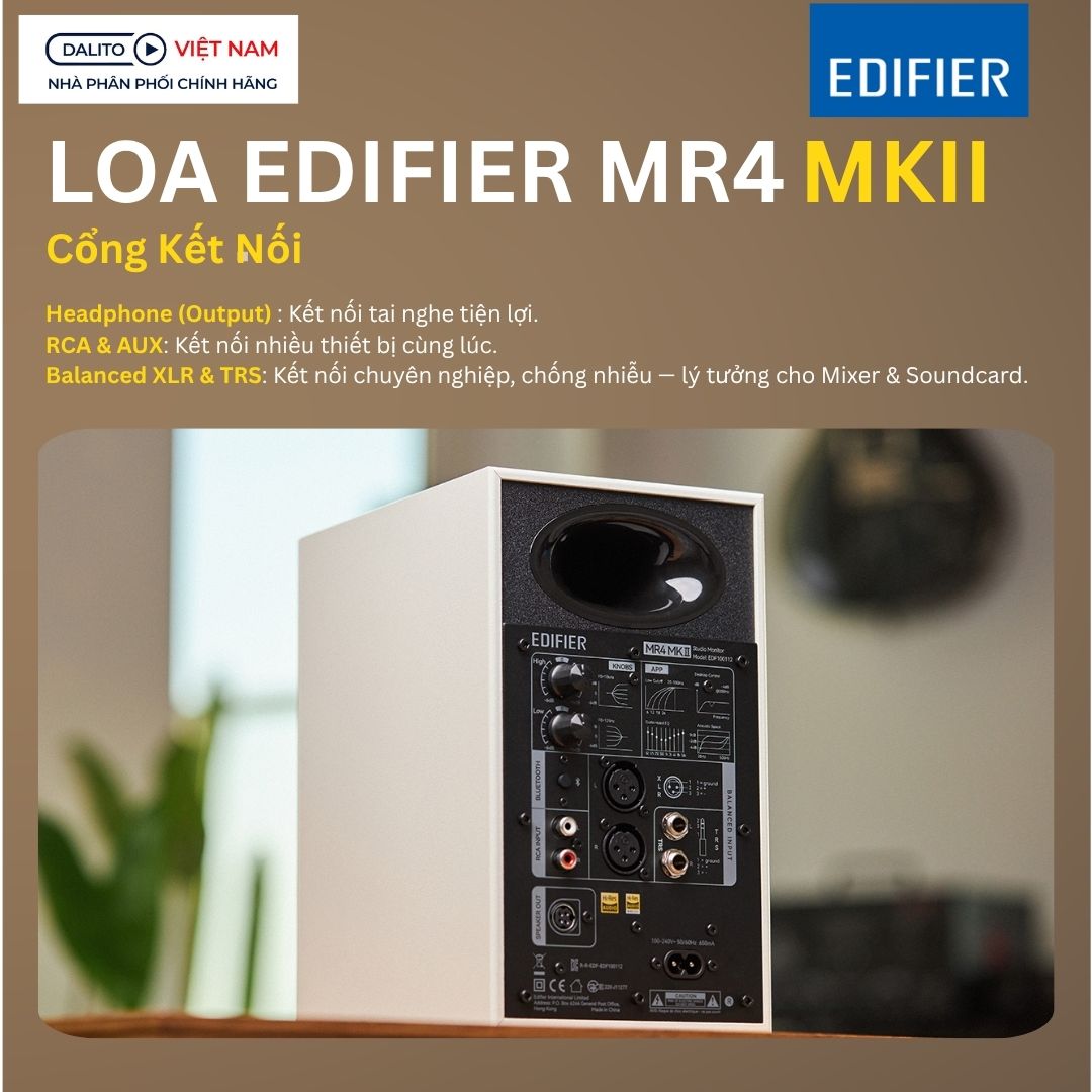 Các cổng kết nối đa dạng phía sau loa kiểm âm Edifier MR4 MKII studio.