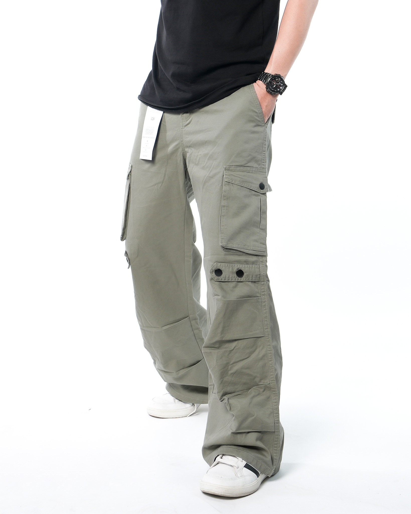 Quần Cargo Nam Kaki Túi Hộp Ống Rộng 100% Cotton Mềm Màu Rêu Nhạt | KQSTYLING WIDE