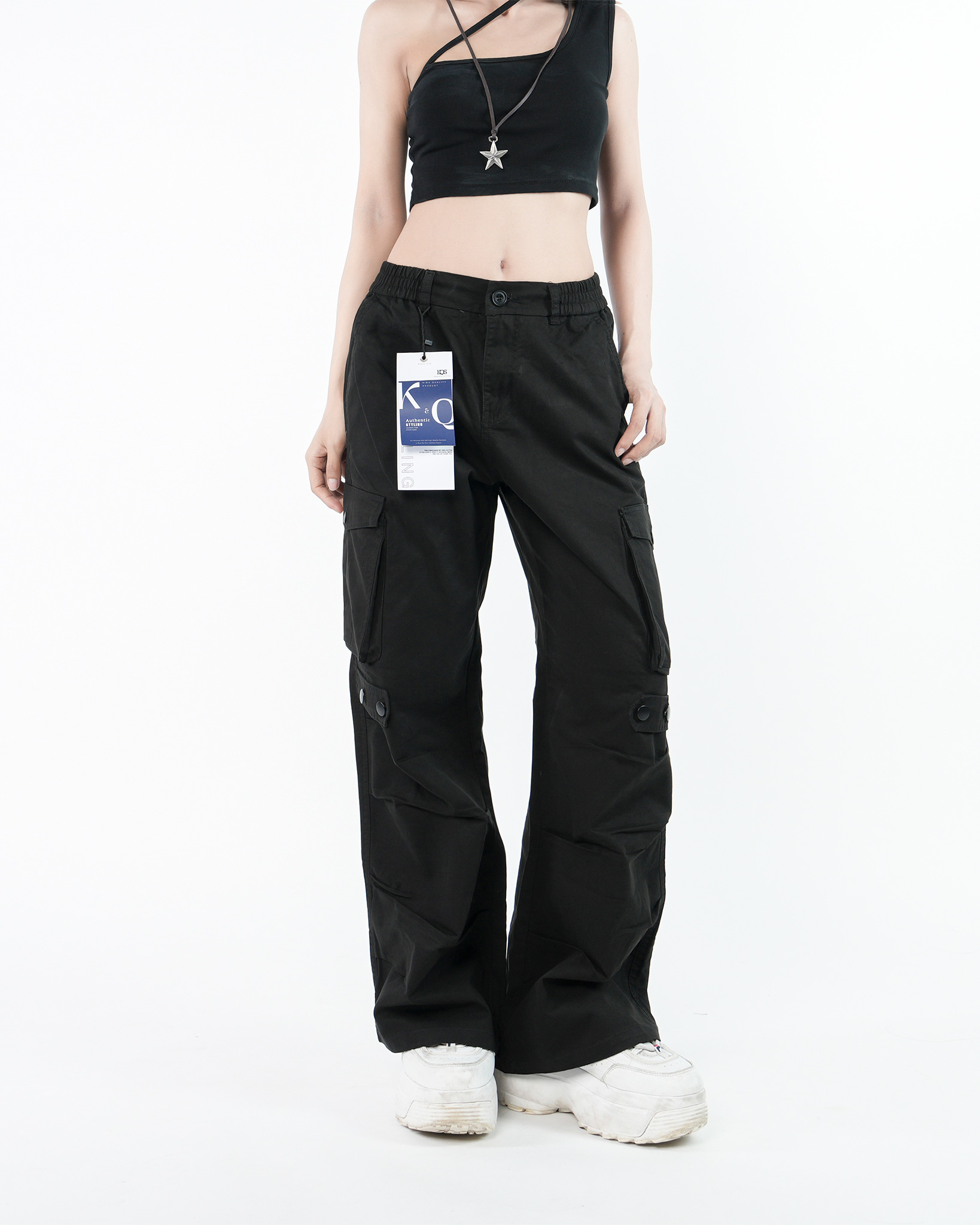 Quần Cargo Nữ Kaki Túi Hộp Ống Rộng Y2k 100% Cotton Mềm Màu Đen | KQSTYLING WIDE