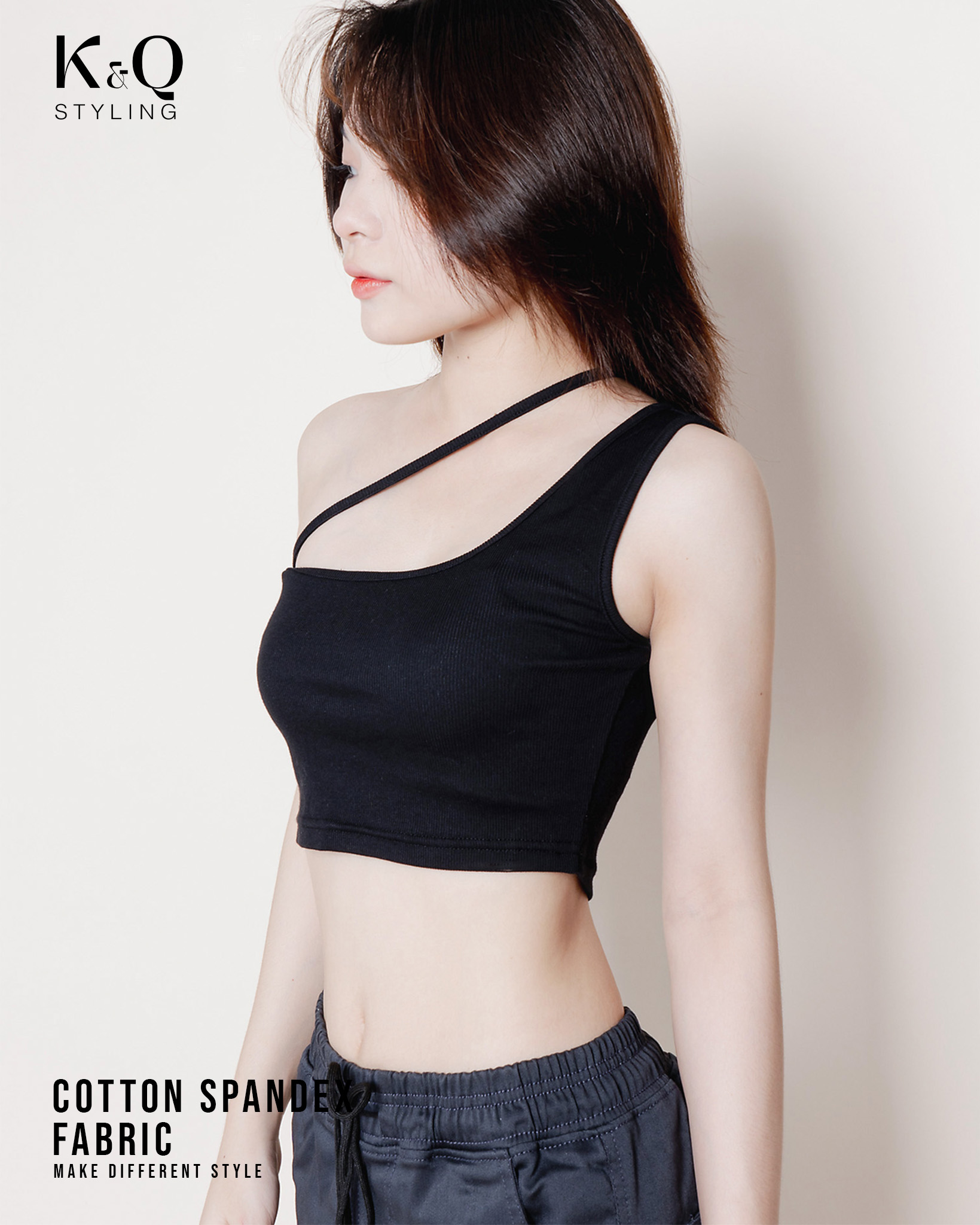 Áo croptop thun cotton borip 1 dây lệch vai xéo