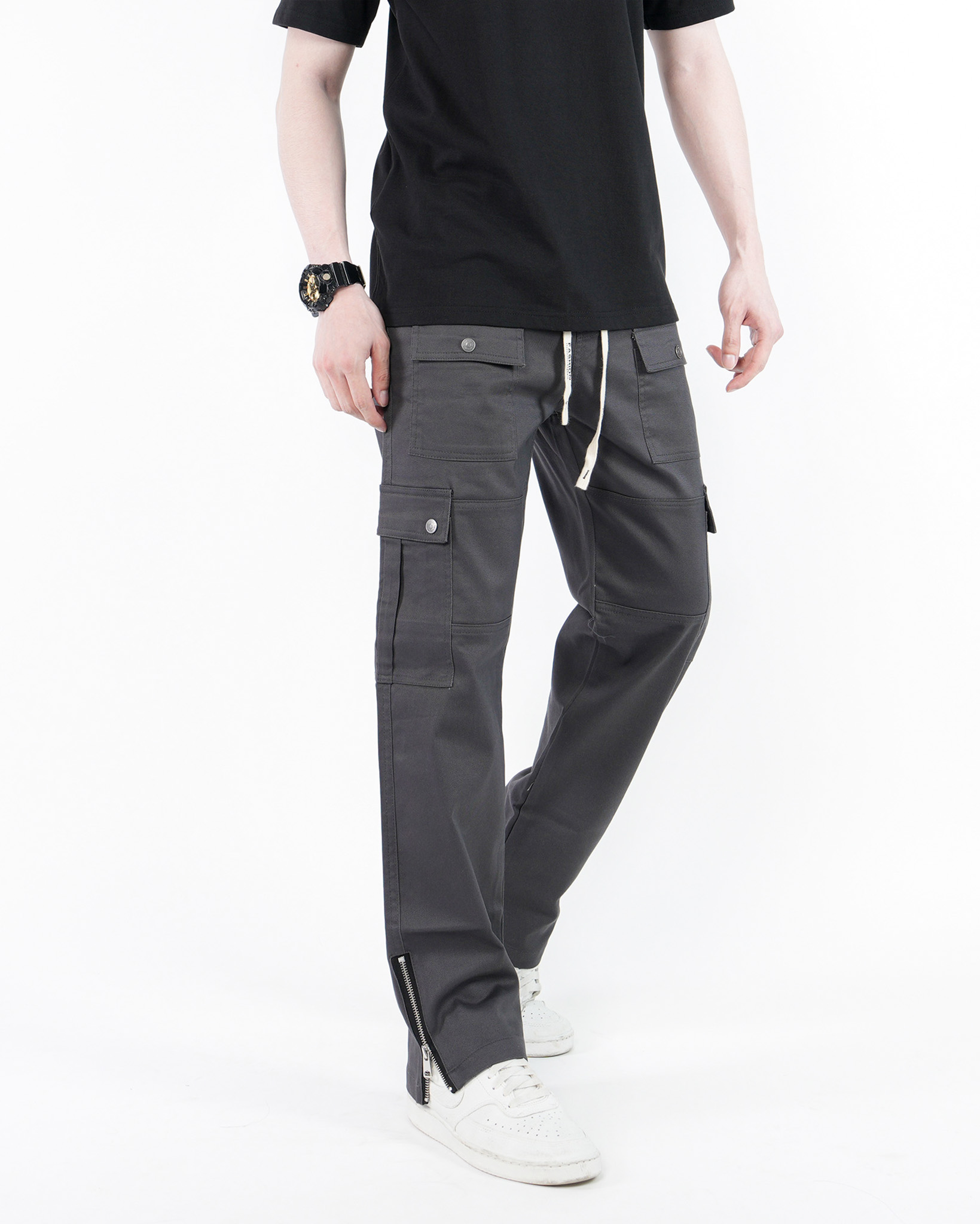 Quần Cargo Nam Kaki Túi Hộp Co Giãn Ống Đứng Màu Xám Đậm | KQSTYLING ZIP