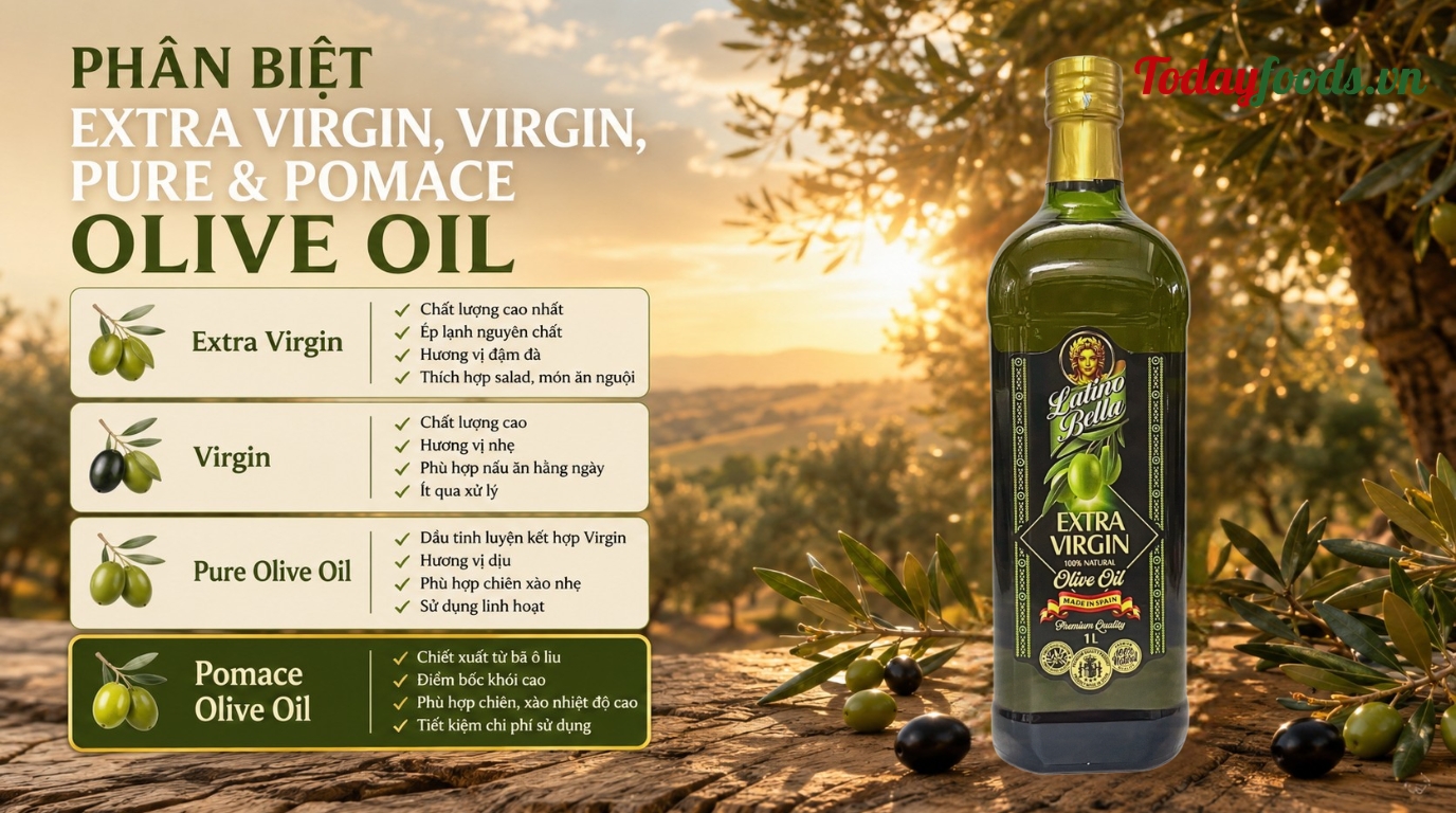 Phân biệt Extra Virgin, Virgin, Pure và Pomace Olive Oil