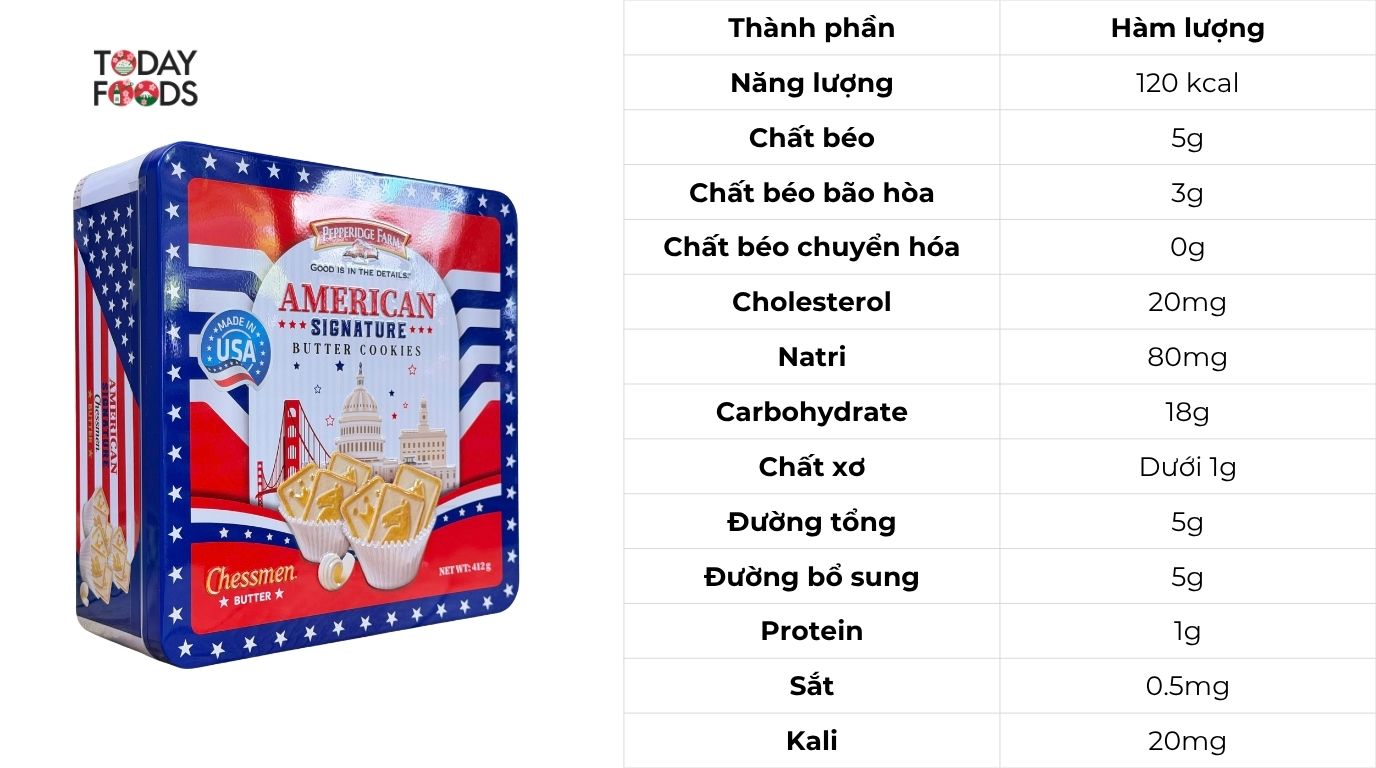 Thành Phần Dinh Dưỡng Bánh Quy Pepperidge Farm Chessmen American Signature 412G (Hộp Thiếc)