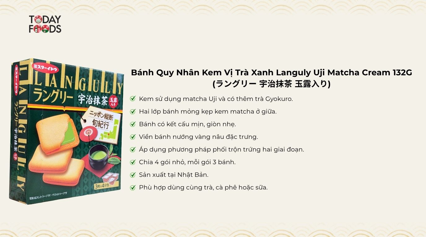 Ưu Điểm Bánh Quy Nhân Kem Vị Trà Xanh Languly Uji Matcha Cream 132G