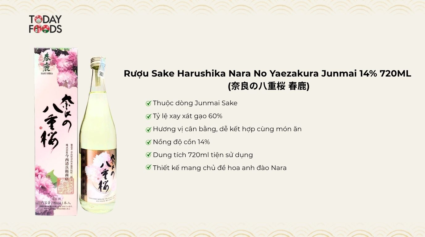 Ưu điểm của rượu sake Harushika Nara no Yaezakura Junmai Sake 720ml