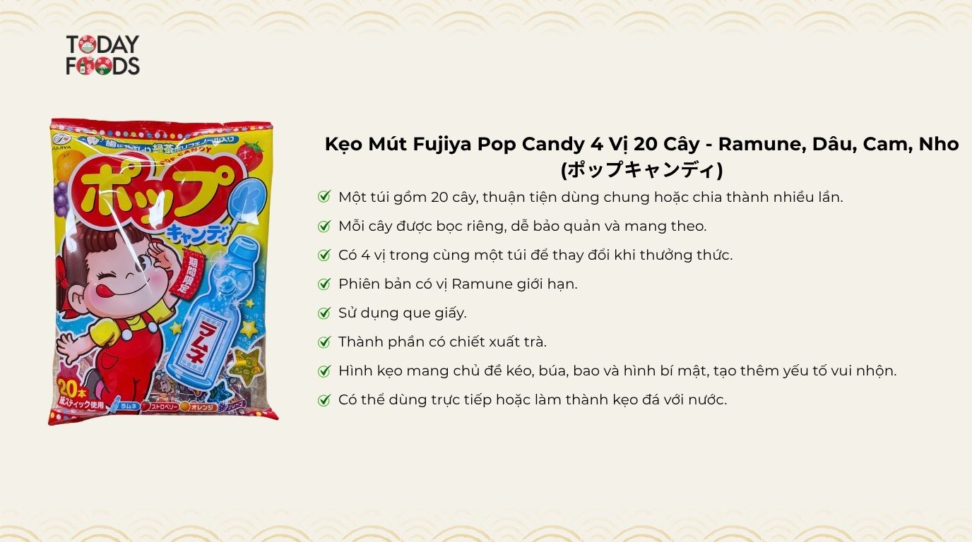 Ưu Điểm Kẹo Mút Fujiya Pop Candy 4 Vị 20 Cây