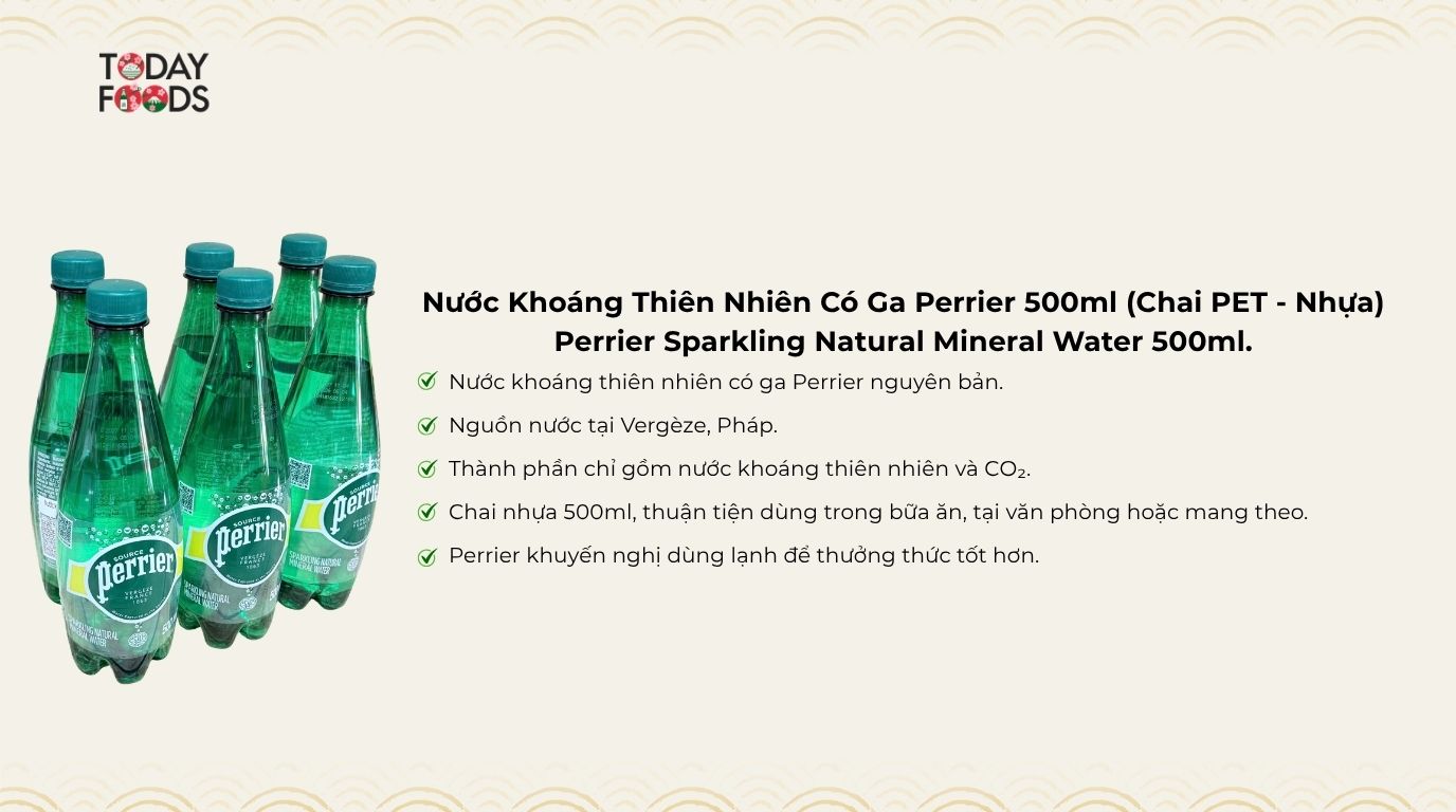 Ưu Điểm Nước Khoáng Thiên Nhiên Có Ga Perrier 500ml (Chai PET - Nhựa)
