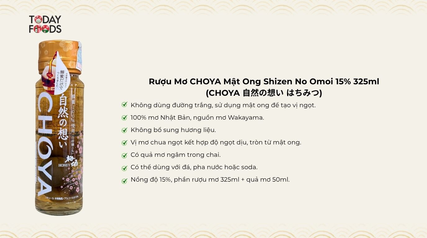 Ưu Điểm Rượu Mơ CHOYA Mật Ong Shizen No Omoi 15% 325ml