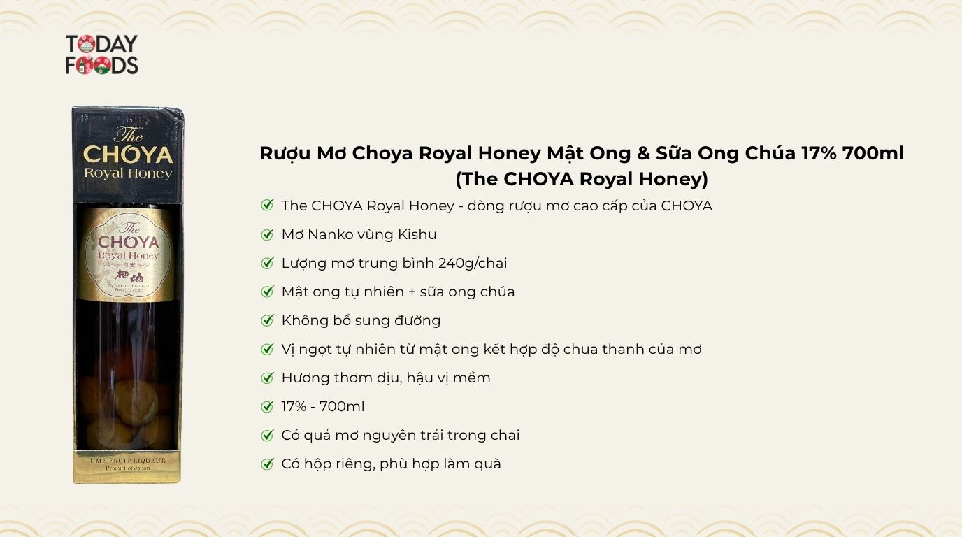 Ưu Điểm Rượu Mơ Choya Royal Honey Mật Ong & Sữa Ong Chúa 17% 700ml
