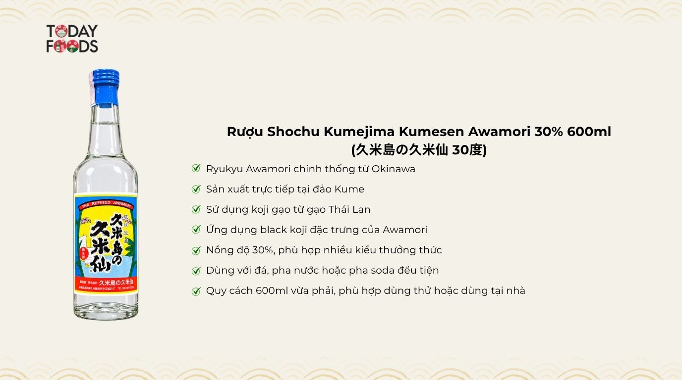 Ưu Điểm Rượu Shochu Kumejima Kumesen Awamori 30% 600ml