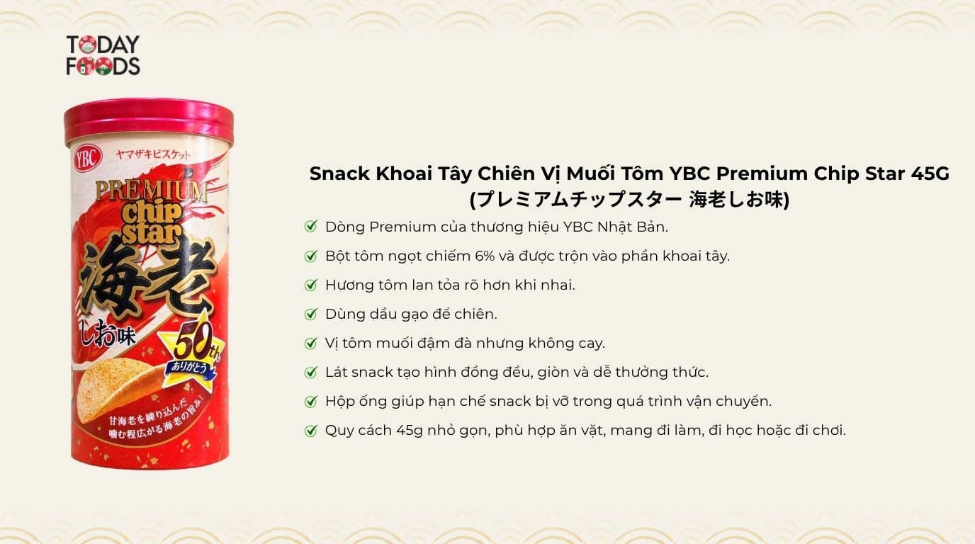 Ưu Điểm Snack Khoai Tây Chiên Vị Muối Tôm YBC Premium Chip Star 45G