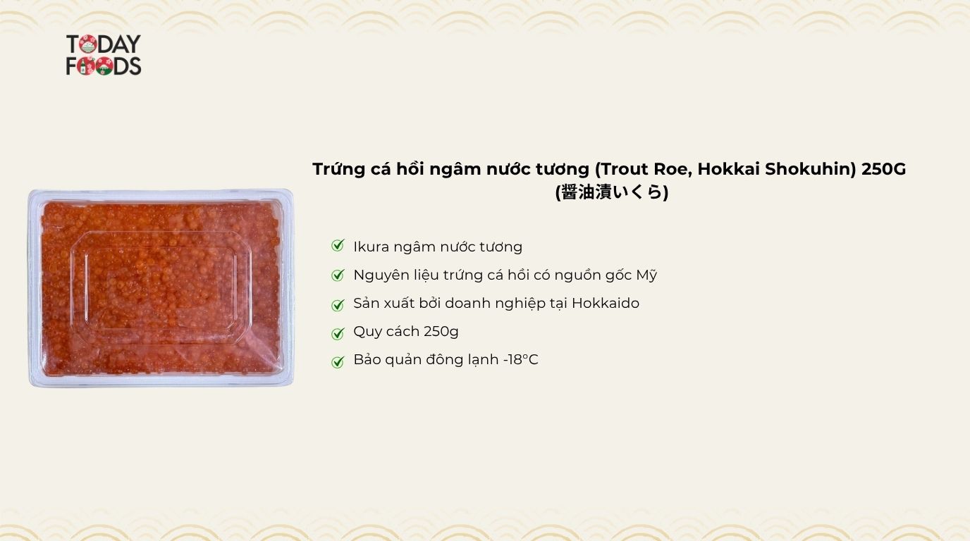 Ưu Điểm Trứng cá hồi ngâm nước tương (Trout Roe, Hokkai Shokuhin) 250G