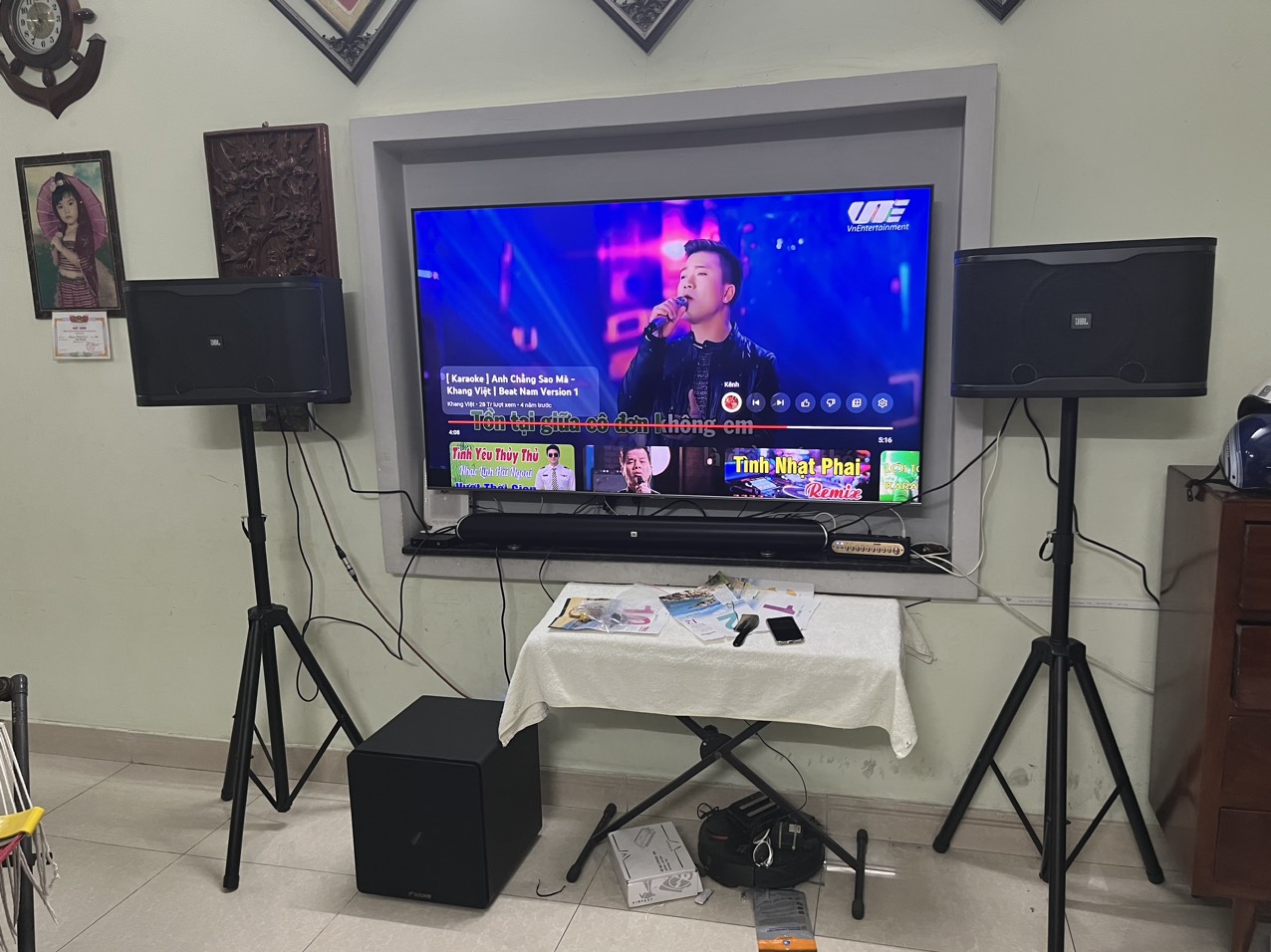 Lắp đặt hoàn thiện dàn âm thanh karaoke gia đình (JBL RM210, Sub P'sound, Micro Mi30s)