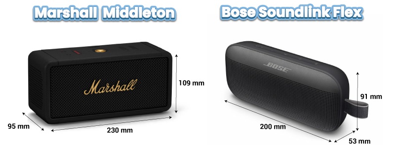 kích thước của Bose Soundlink Flex vs Marshall Middleton