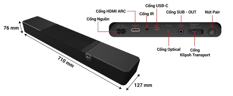 kích thước chi tiết loa soundbar flexus core 100