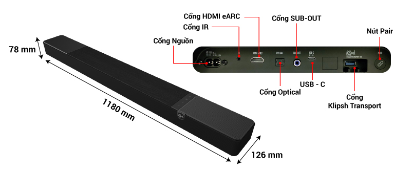 kích thước chi tiết loa soundbar klipsch flexus core 200