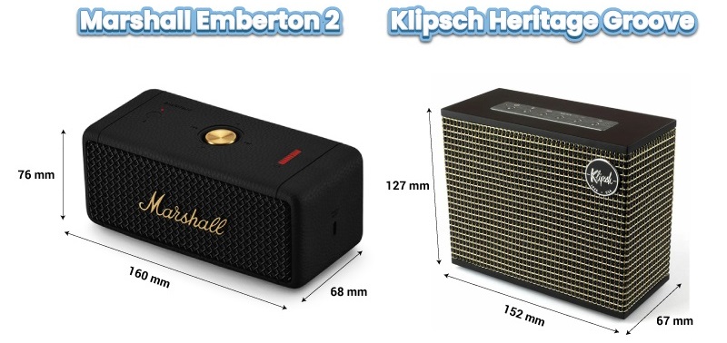 so sánh kích thước Klipsch Heritage Groove vs Marshall Emberton 2