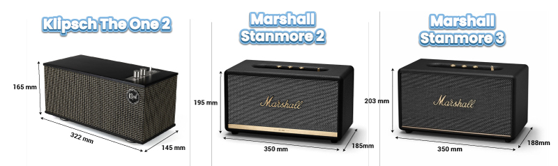 Kích thước của Klipsch The One 2, Marshall Stanmore 2, Marshall Stanmore 3 