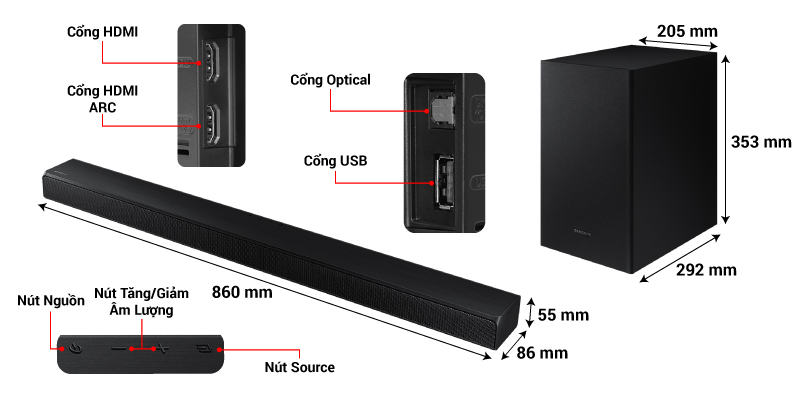 kích thước loa soundbar hw-t550