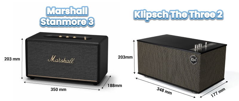 Kích thước của Stanmore 3 và Klipsch The Three 2