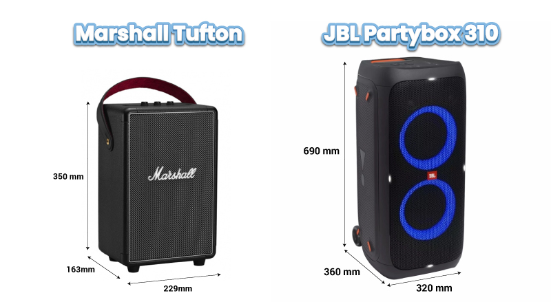 so sánh kích thước jbl partybox 310 vs marshall tufton
