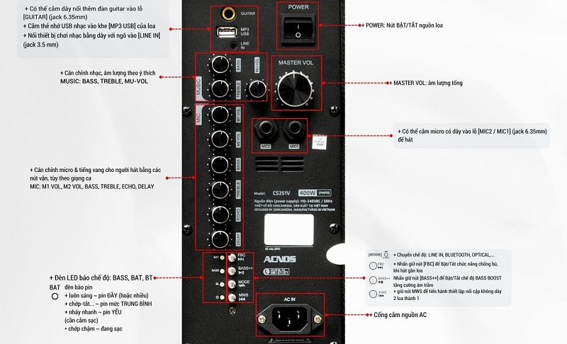 loa karaoke di động acnos cs251v với khả năng kết nối đa dạng