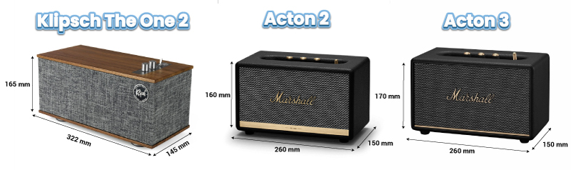 Kích thước của Klipsch The One 2, Marshall Acton 2, Marshall Acton 3