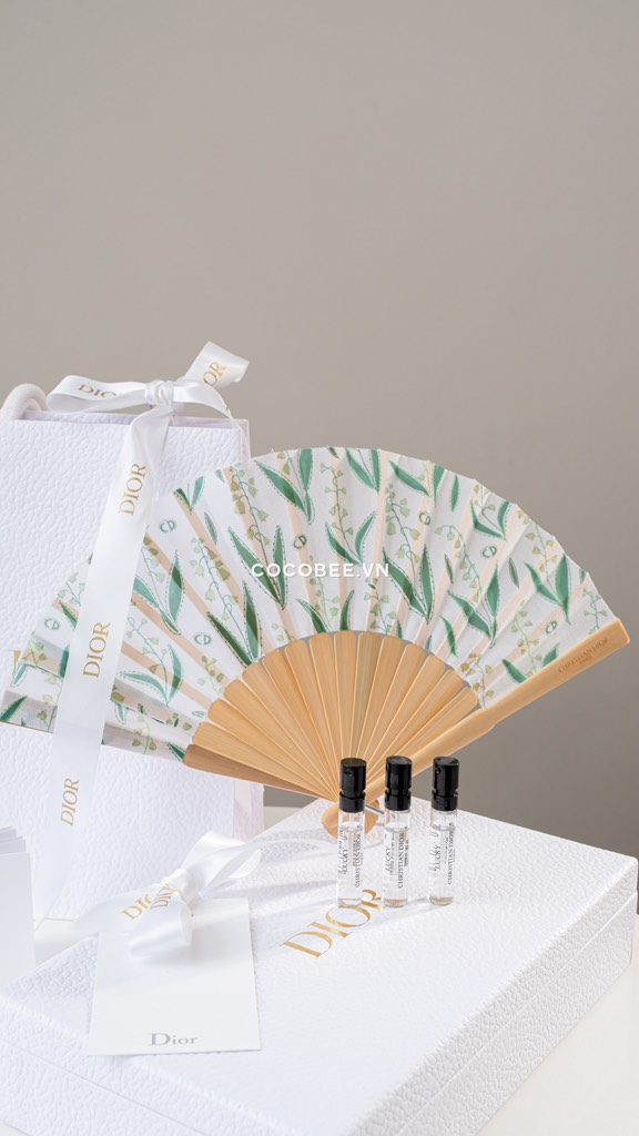 Gift Set Quạt + Nước Hoa Lucky 3x2ml - DIOR Folding Fan Sensu And Green Strap Perfume Box 2024 (23x14.5x5cm) tặng túi giấy