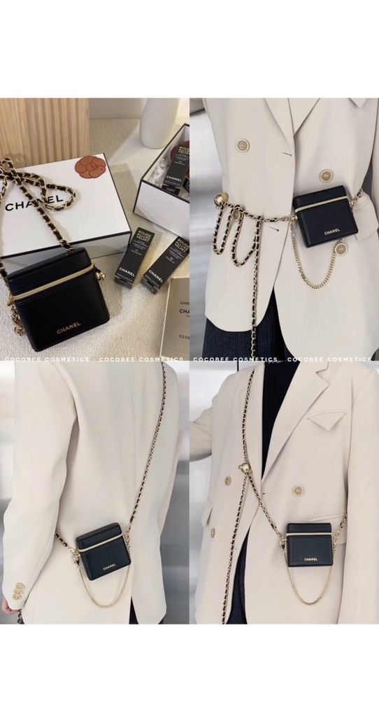 Túi Gift CHANEL Móc Khoá CC - Đen Kèm Dây Đeo Dài Mẫu đựng 4 son (10x10x4cm)
