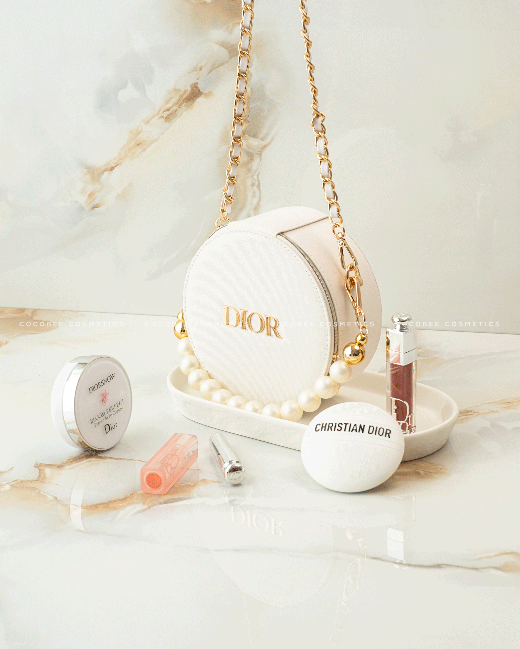 Túi Gift DIOR Trắng Tròn Bản Giới Hạn 2024 (Custom dây đeo & dây ngọc trai) (15x6.5cm)
