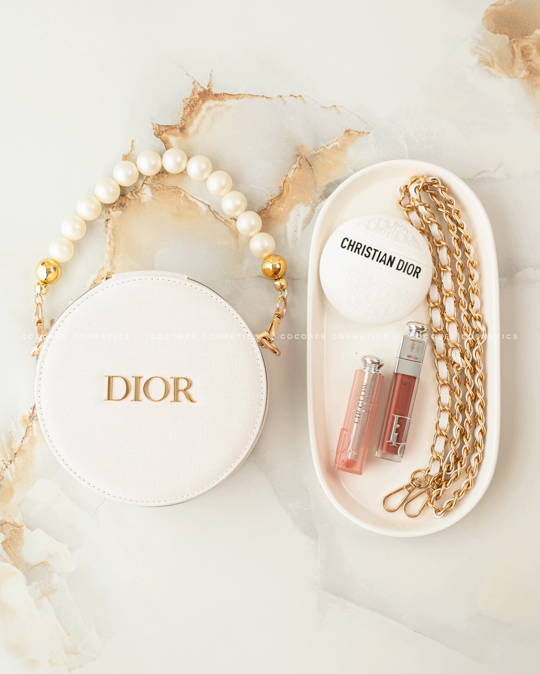 Túi Gift DIOR Trắng Tròn Bản Giới Hạn 2024 (Custom dây đeo & dây ngọc trai) (15x6.5cm)