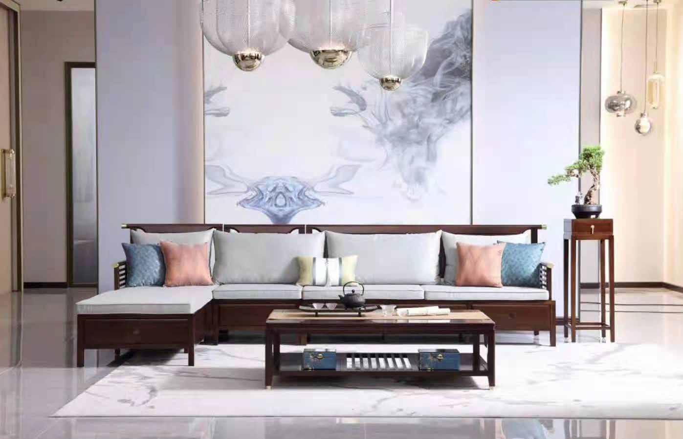 Bộ sofa góc indochine gỗ tự nhiên, bọc da thật A07
