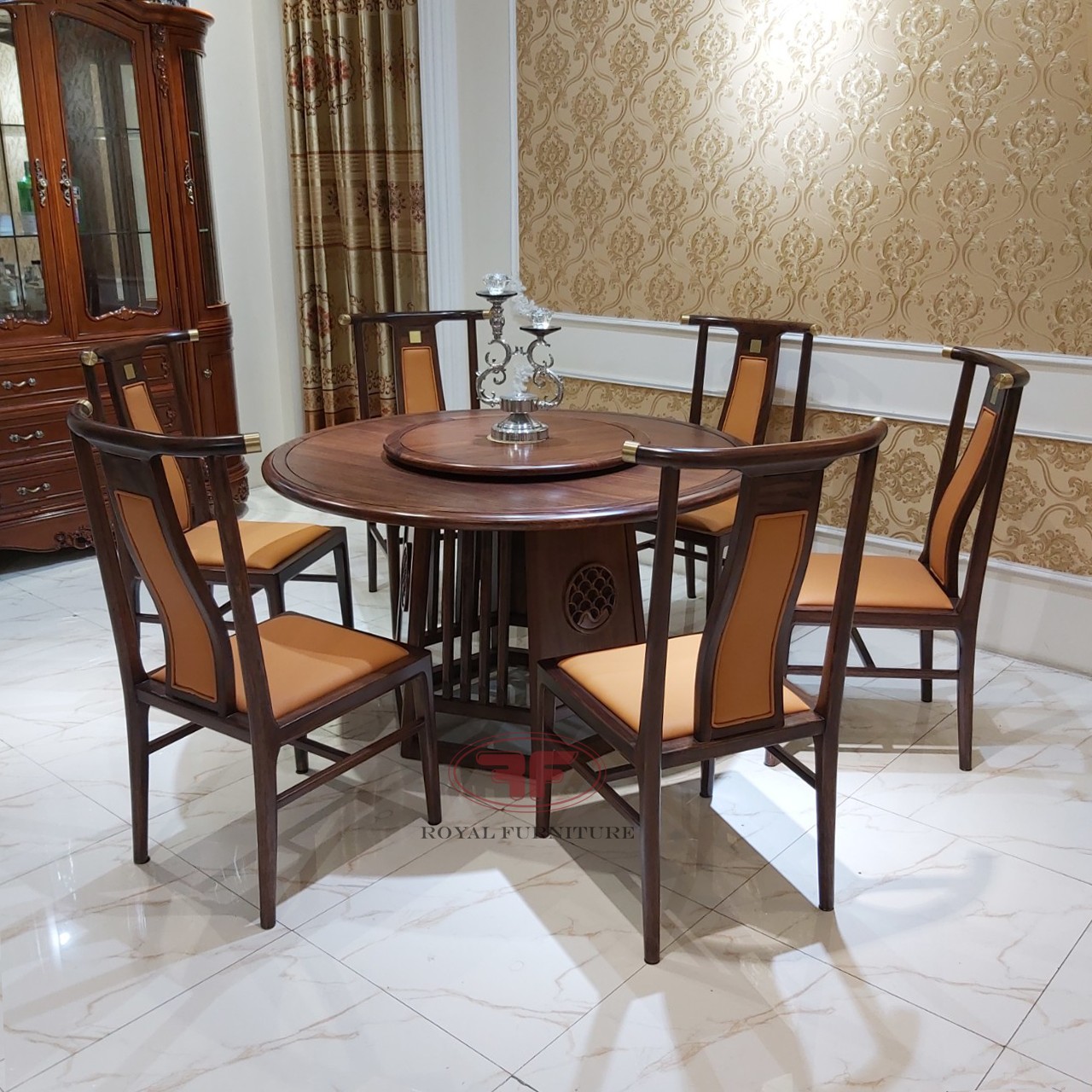 Bộ bàn ăn Indochine mặt tròn mâm xoay phong cách lạ mắt A01