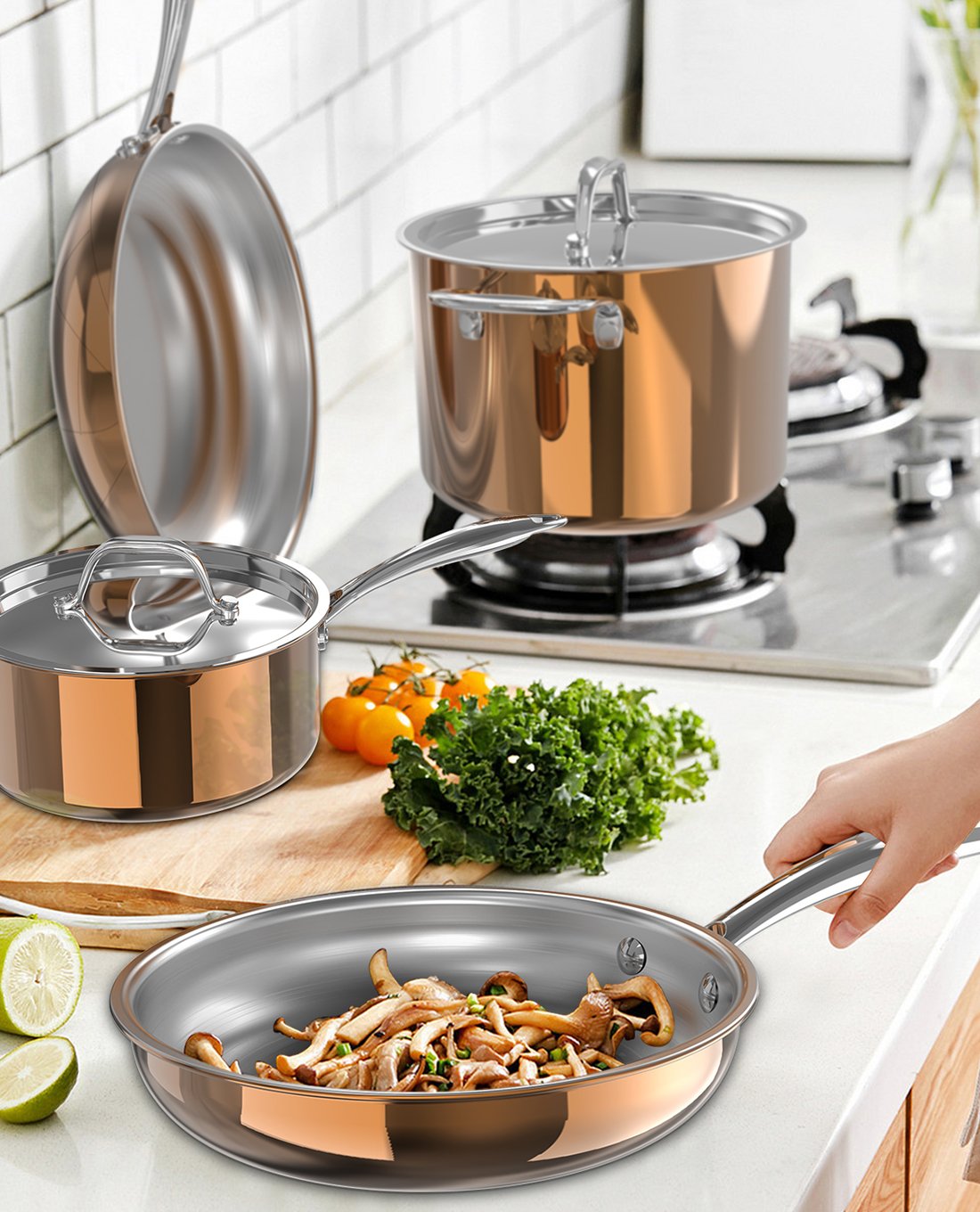 Bộ nồi inox Ciwete set 6 món SS1503-11PCNEW màu đồng (2 chảo inox, 3 quánh, 1 nồi)