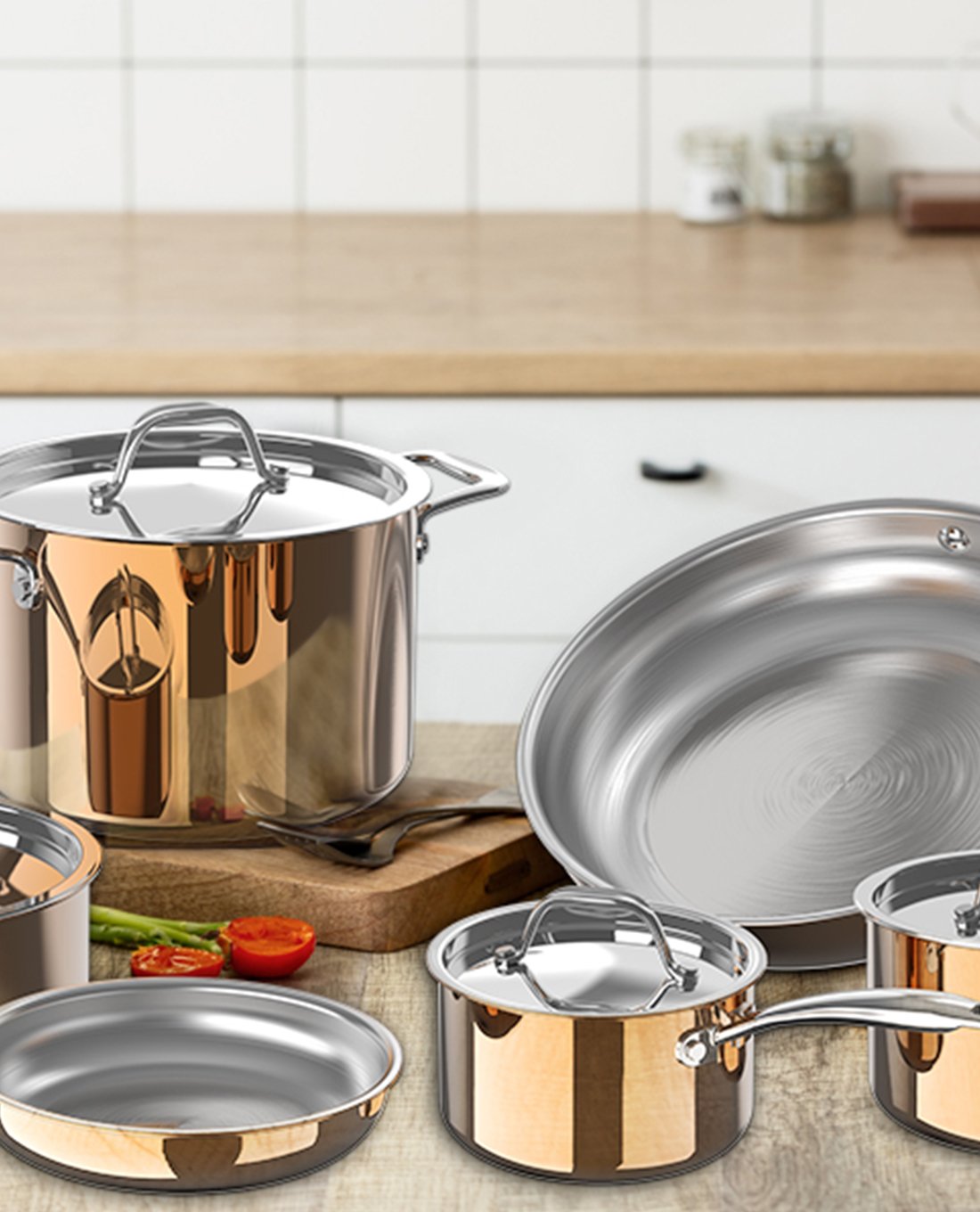 Bộ nồi inox Ciwete set 6 món SS1503-11PCNEW màu đồng (2 chảo inox, 3 quánh, 1 nồi)