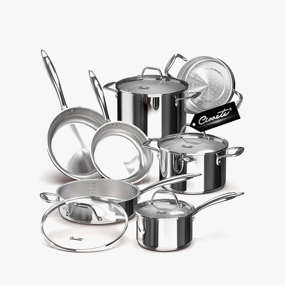 Bộ nồi inox Ciwete set 7 món ( 2 chảo inox, 1 quánh, 1 nồi chảo, 2 nồi, 1 xửng hấp)