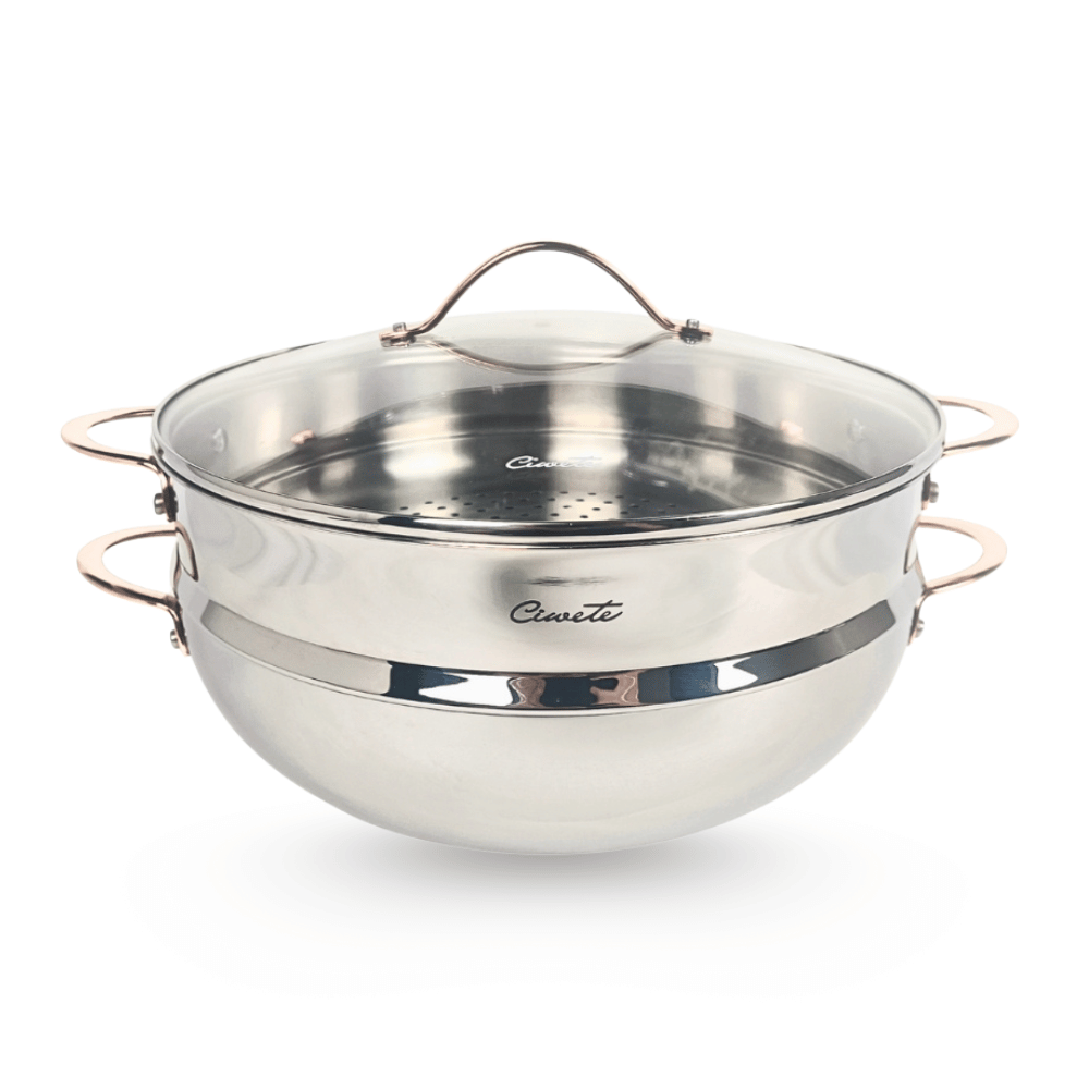 Chảo inox sâu lòng Ciwete series Royal Knight màu vàng đồng 32cm kèm xửng hấp