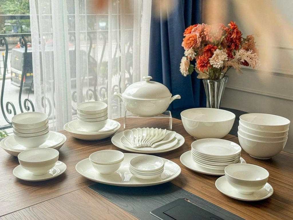 Bộ đồ ăn sứ xương trắng trơn 50 sản phẩm
