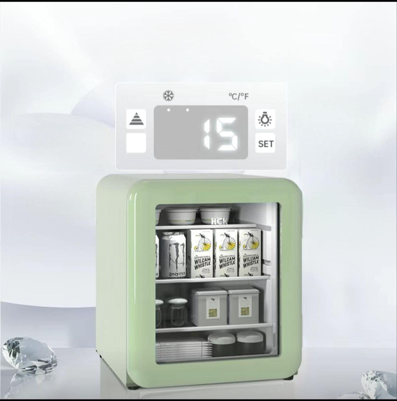 Tủ lạnh đựng mỹ phẩm & đồ uống HCK 48L màu xanh mint có mặt kính