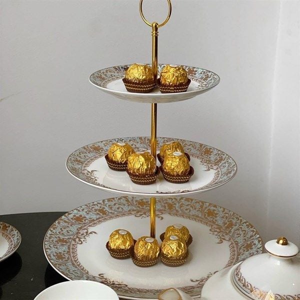 Đĩa 3 tầng xanh ngọc dây vàng