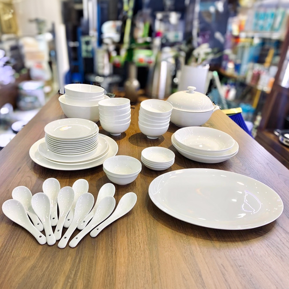 Bộ đồ ăn sứ xương trắng trơn 50 sản phẩm