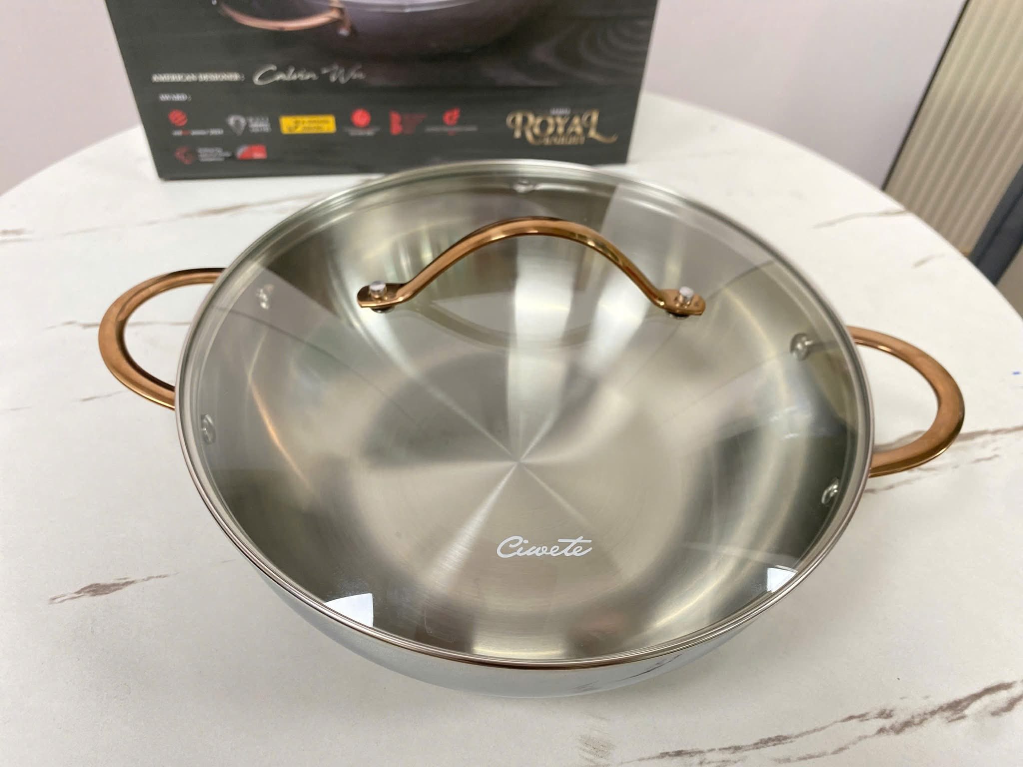 Chảo inox sâu lòng Ciwete series Royal Knight màu vàng đồng 32cm kèm xửng hấp