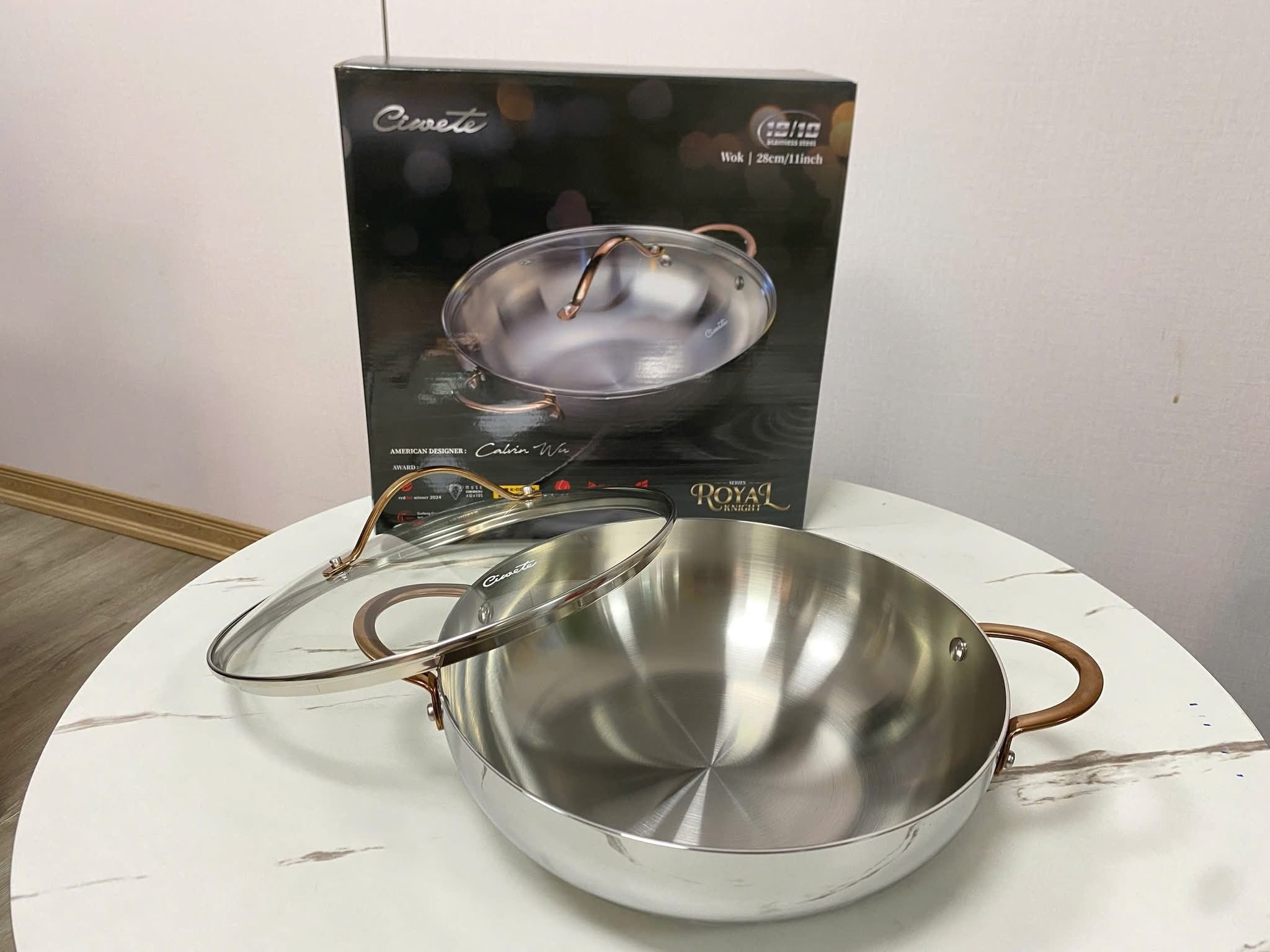 Chảo inox sâu lòng Ciwete series Royal Knight màu vàng đồng 32cm kèm xửng hấp