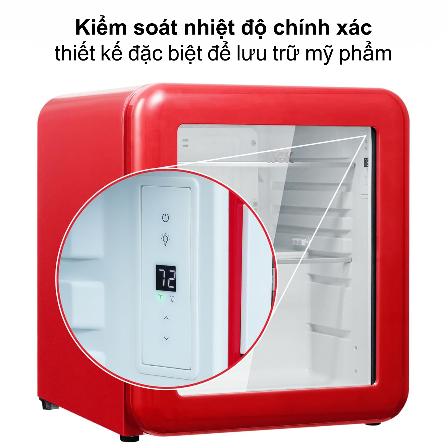 Tủ lạnh đựng mỹ phẩm & đồ uống HCK 48L màu đỏ có mặt kính