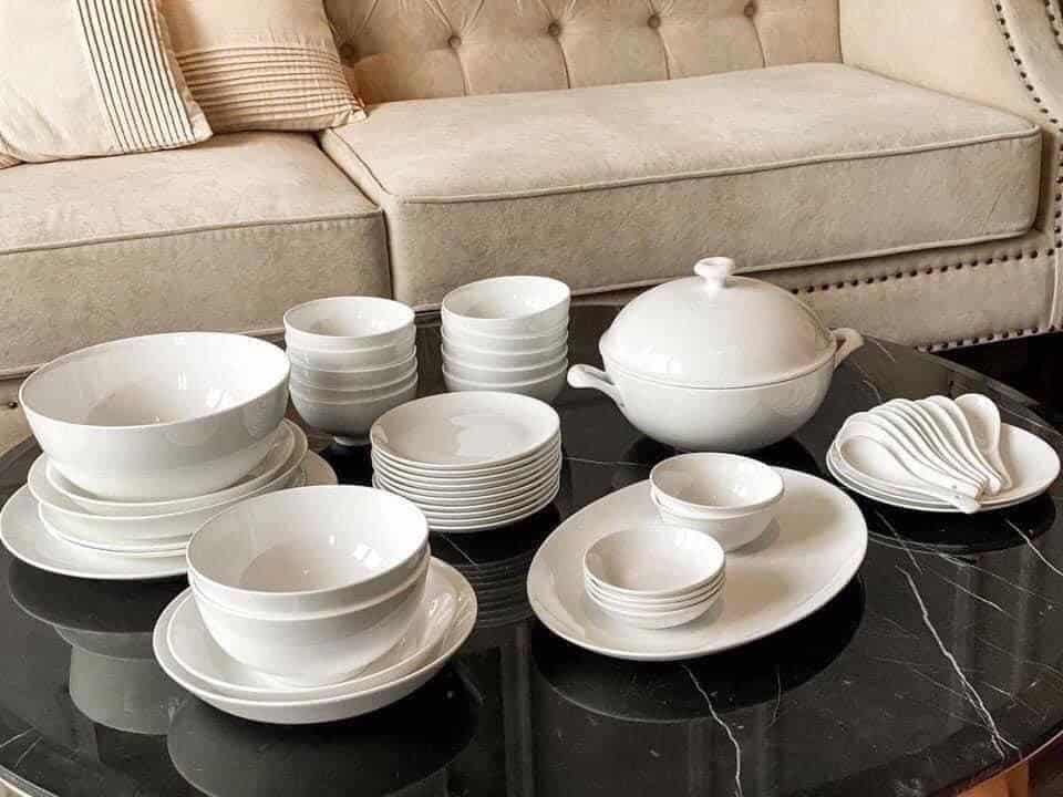 Bộ đồ ăn sứ xương trắng trơn 50 sản phẩm