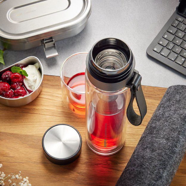 Bình thủy tinh borosilicate 2 lớp pha trà, ủ cold brew có túi xách và quai da mang đi GEFU 12796 Companion 450ml 2in1
