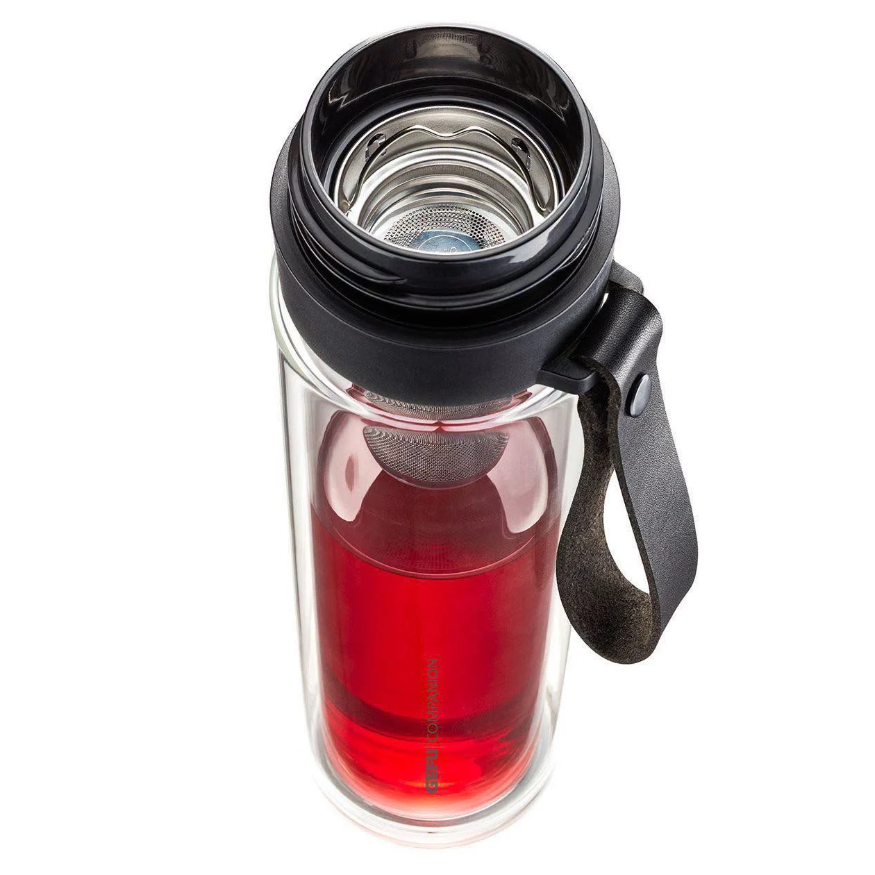 Bình thủy tinh borosilicate 2 lớp pha trà, ủ cold brew có túi xách và quai da mang đi GEFU 12796 Companion 450ml 2in1