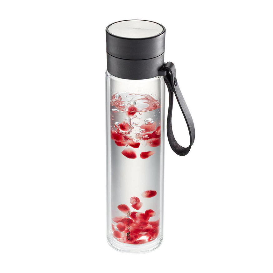 Bình thủy tinh borosilicate 2 lớp pha trà, ủ cold brew có túi xách và quai da mang đi GEFU 12796 Companion 450ml 2in1