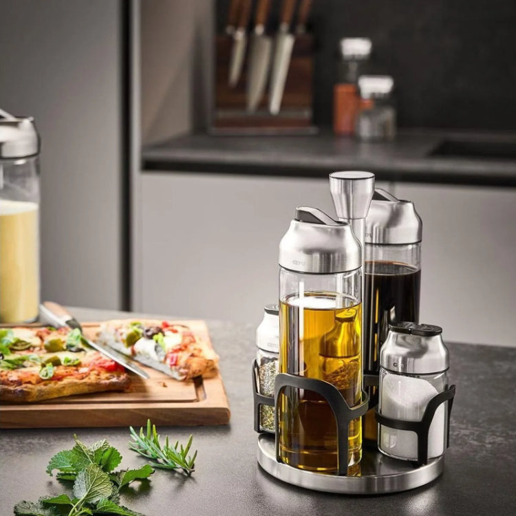 Set 2 bình 400ml + 2 lọ 120ml đựng gia vị dầu giấm kèm giá xoay Gefu Kippo Vinegar-Oil and Spice Cruet Stand 33734