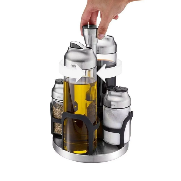 Set 2 bình 400ml + 2 lọ 120ml đựng gia vị dầu giấm kèm giá xoay Gefu Kippo Vinegar-Oil and Spice Cruet Stand 33734